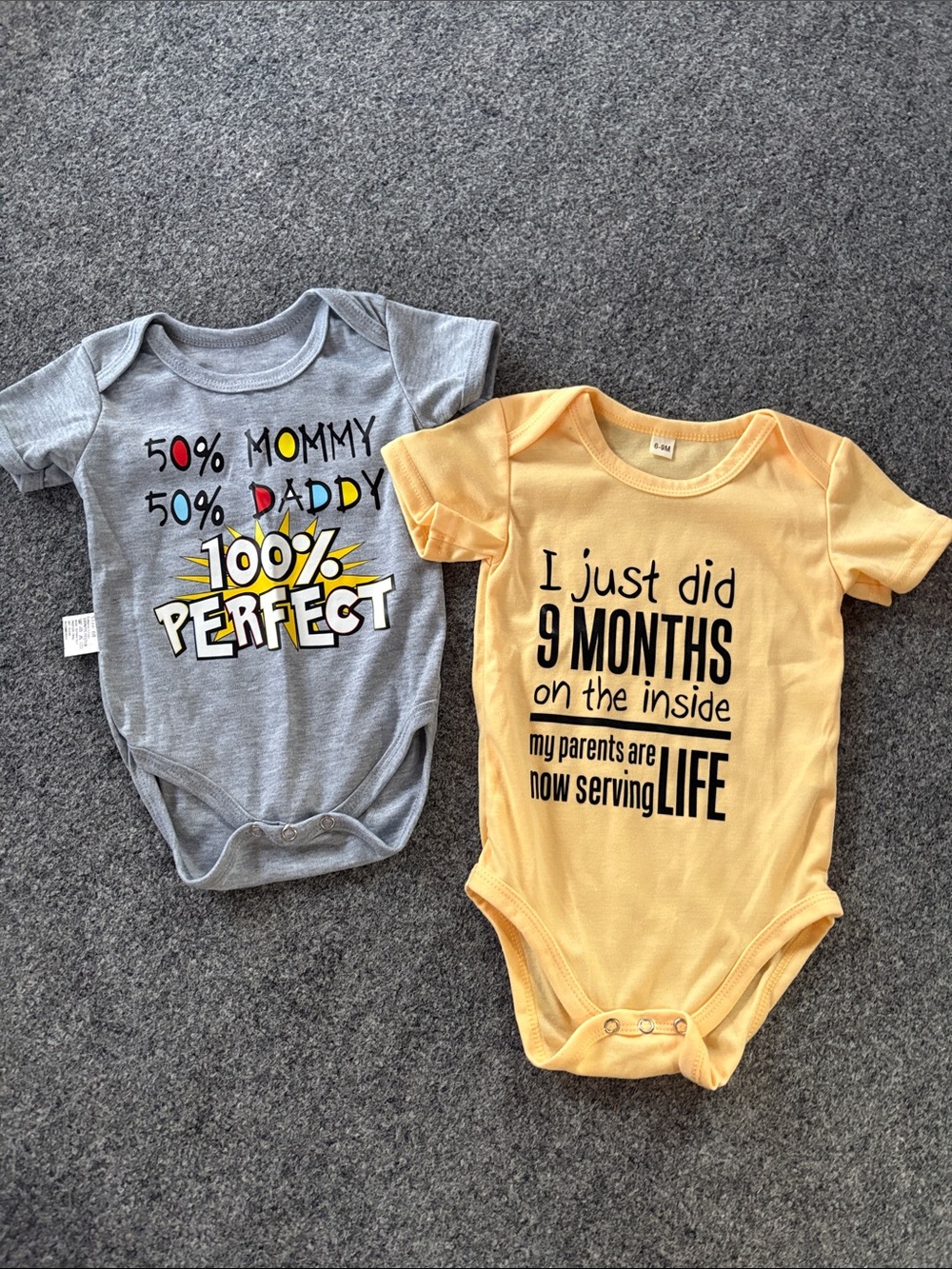 Gray & Yellow Graphic Baby One-Pieces - Playful Slogan Bodysuits
